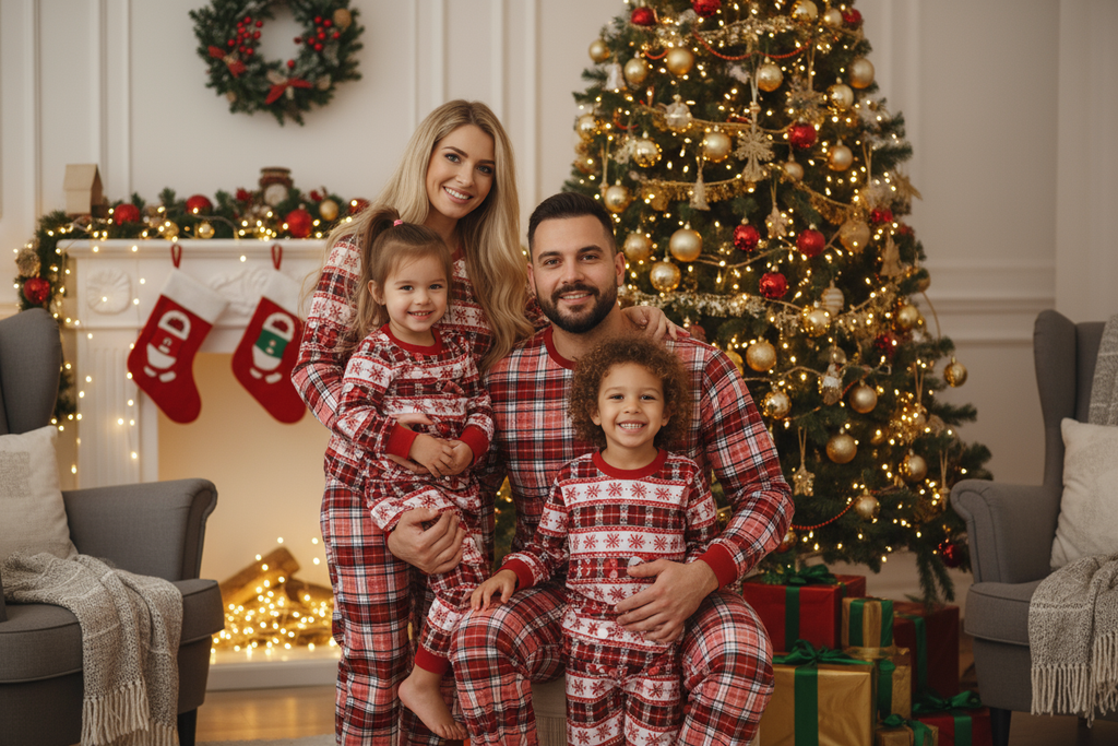 Familia diversa con pijamas de cuadros rojos