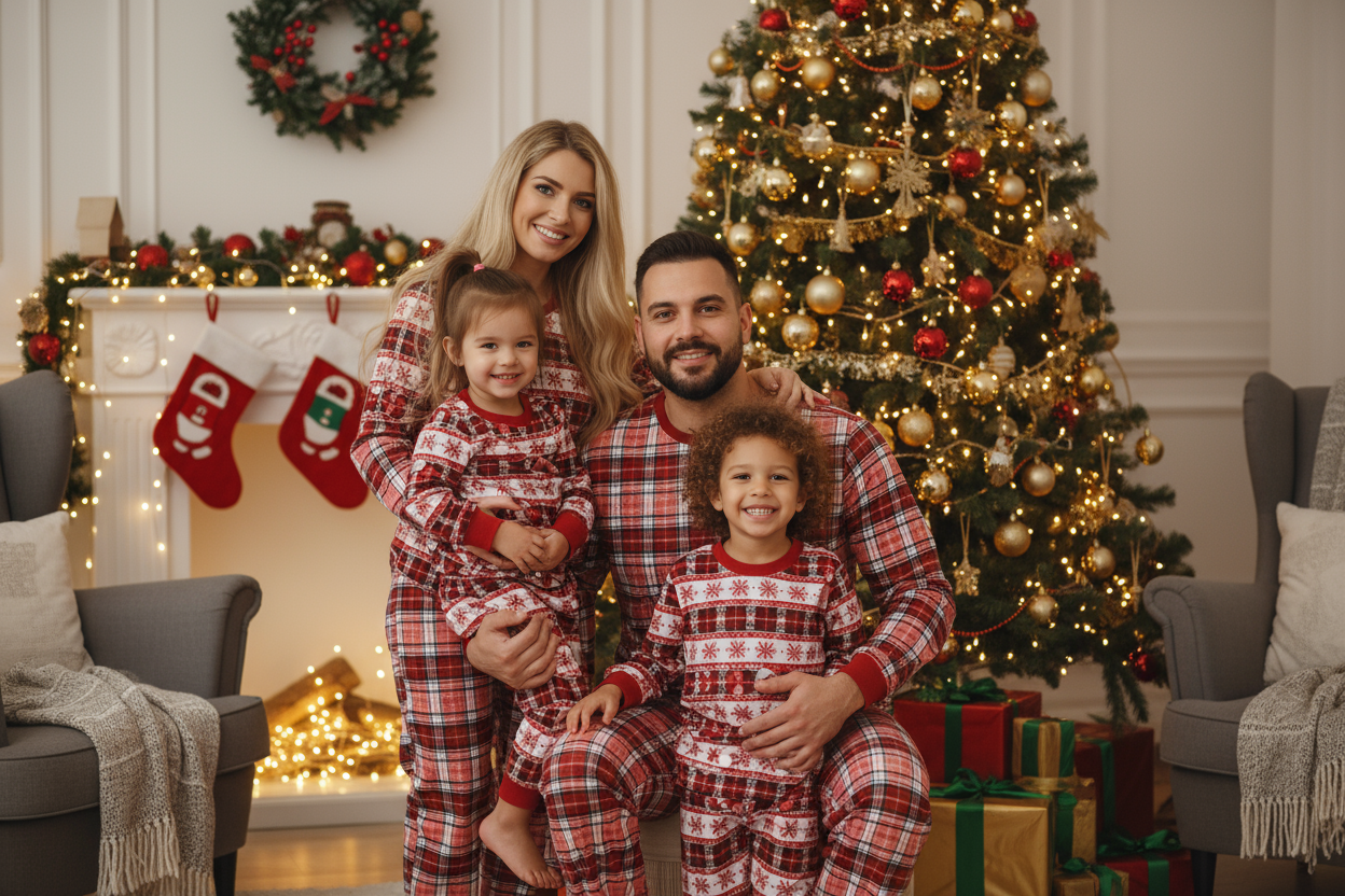 Familia diversa con pijamas de cuadros rojos