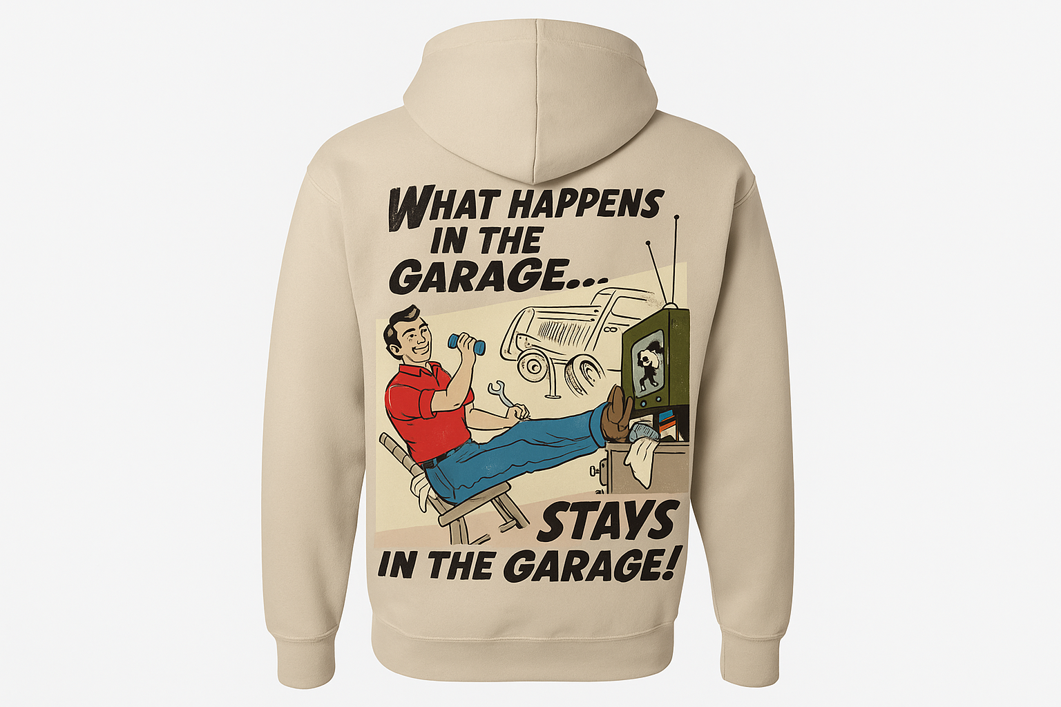 Sudadera color crema con diseño vintage del garage